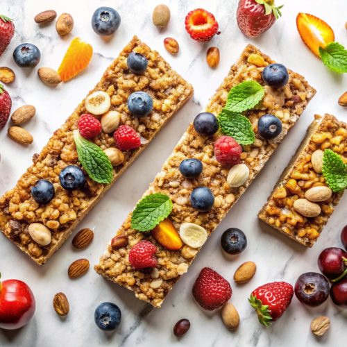 Granola bar. Healthy sweet dessert snack. Cereal granola bar with nuts, fruit and berries on a white stone table. Top view